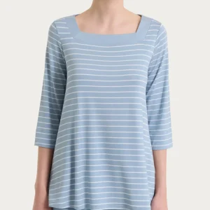 Maglietta a righe con collo squadrato in Summer Light Piquet - Fant. Dusty Blue