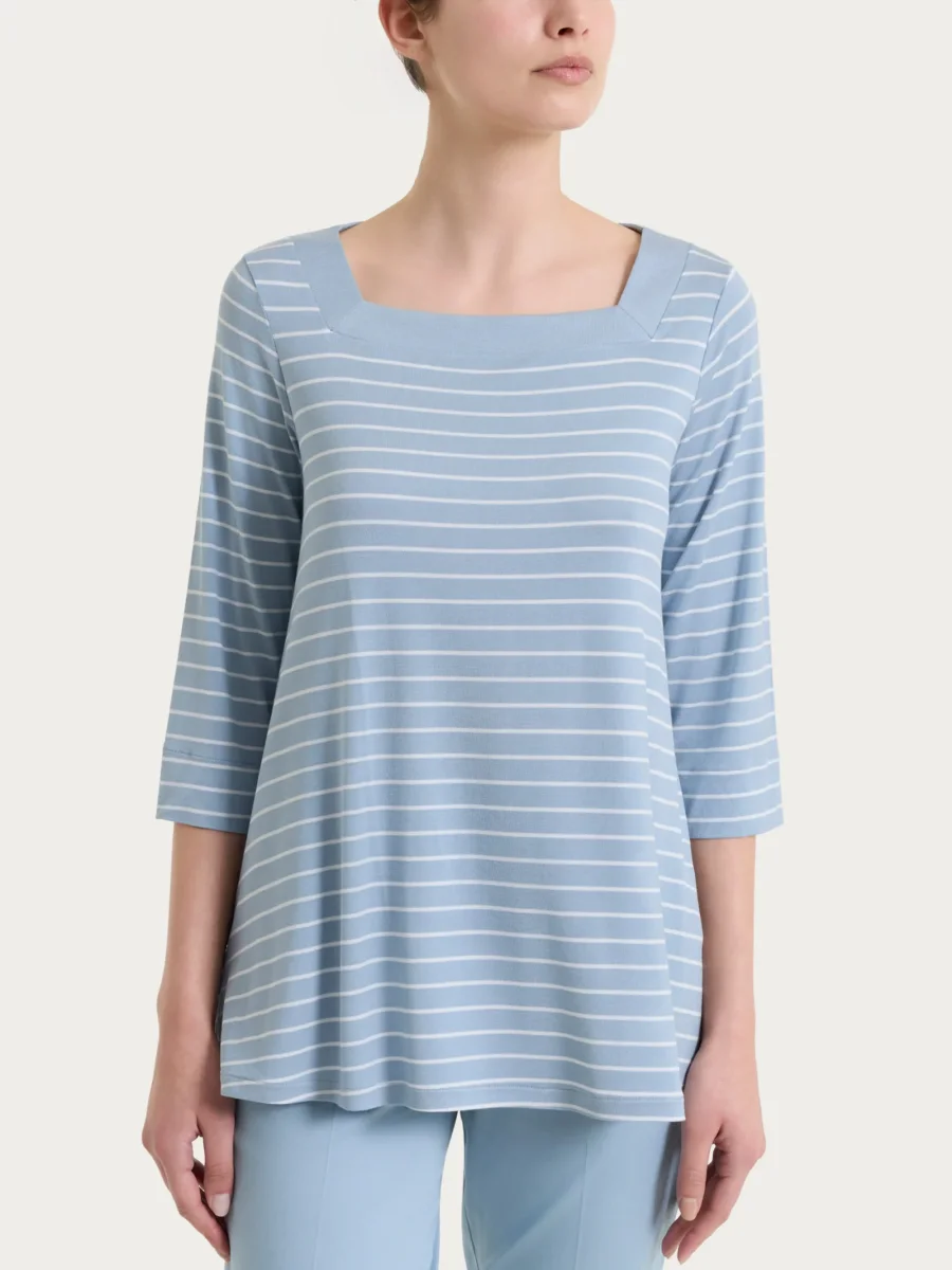 Maglietta a righe con collo squadrato in Summer Light Piquet - Fant. Dusty Blue - immagine 2