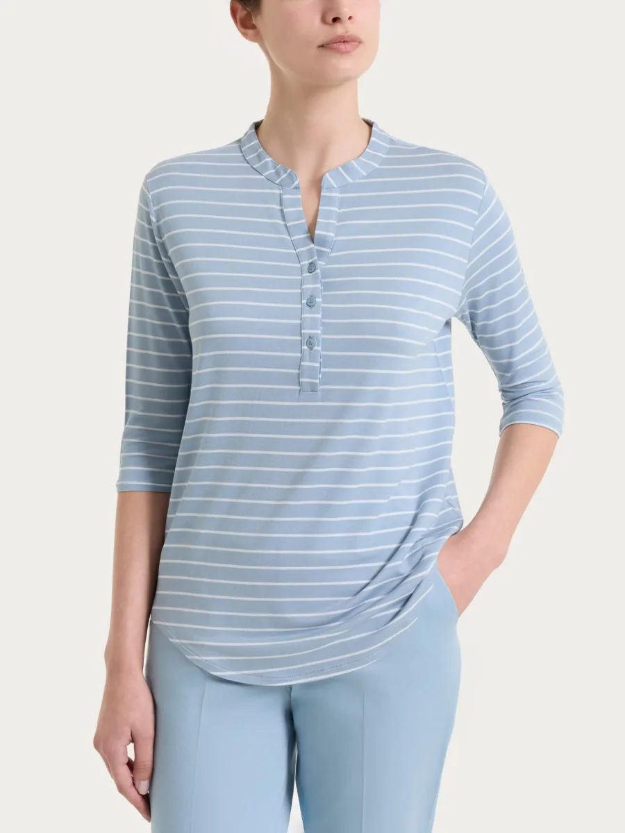 Maglietta a righe con collo a serafino in Summer Light Piquet - Fant. Dusty Blue