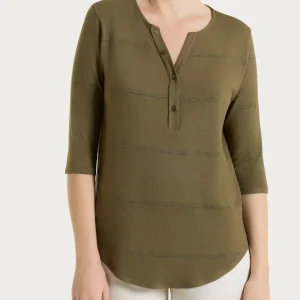 Maglietta a righe con collo a serafino in Viscosa Summer e Lurex - Fant. Dark Olive riga spaziata