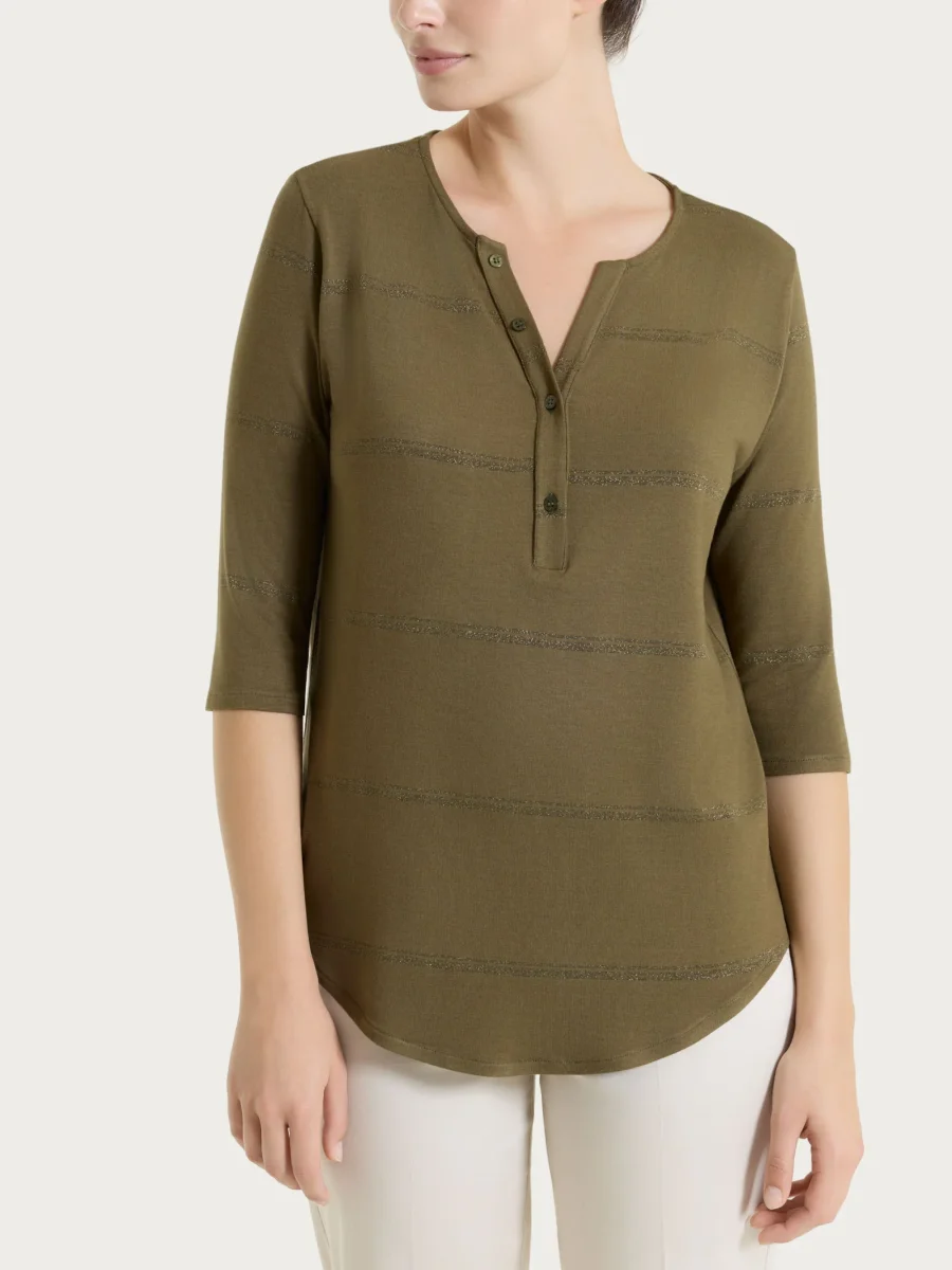 Maglietta a righe con collo a serafino in Viscosa Summer e Lurex - Fant. Dark Olive riga spaziata
