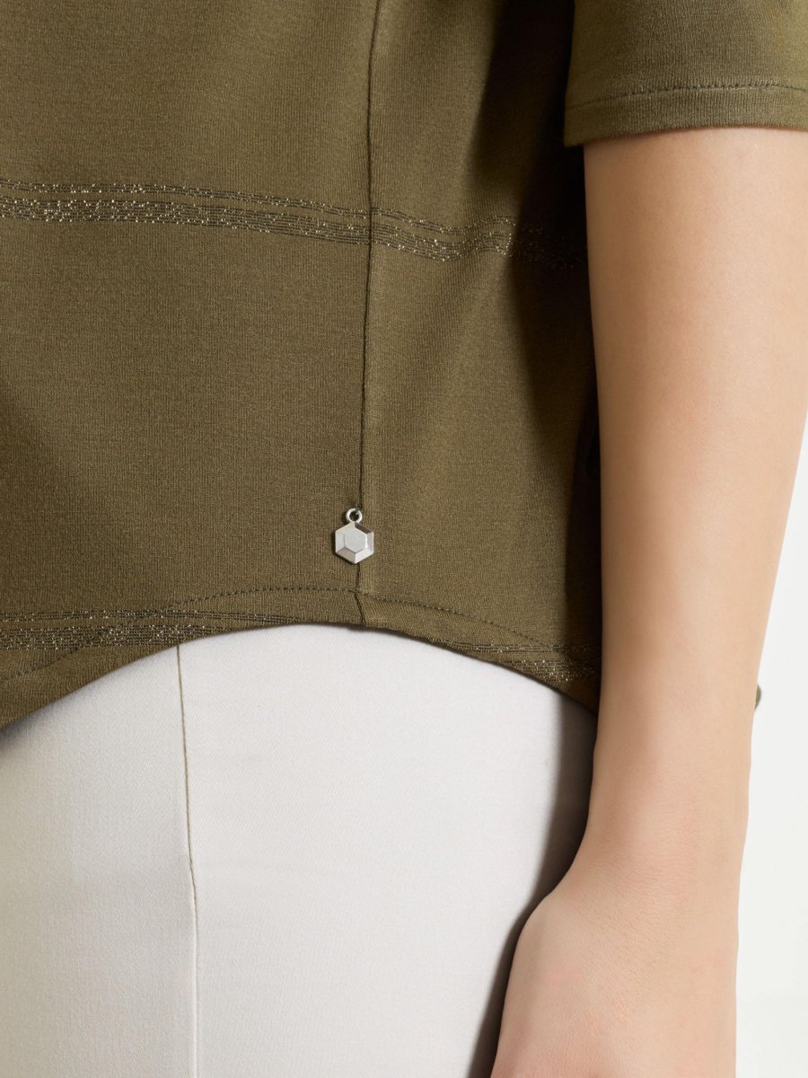 Maglietta a righe con collo a serafino in Viscosa Summer e Lurex - Fant. Dark Olive riga spaziata - immagine 4