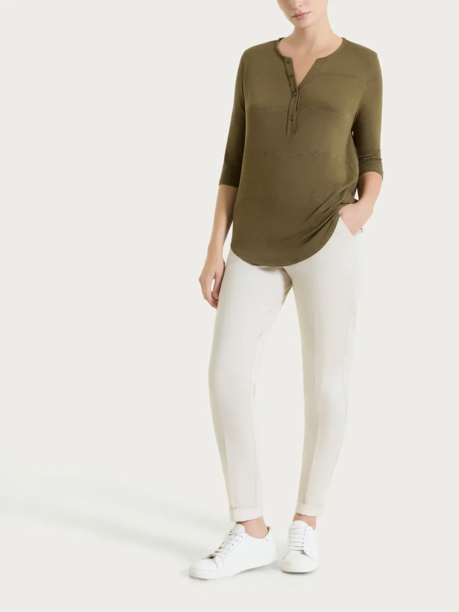 Maglietta a righe con collo a serafino in Viscosa Summer e Lurex - Fant. Dark Olive riga spaziata - immagine 6