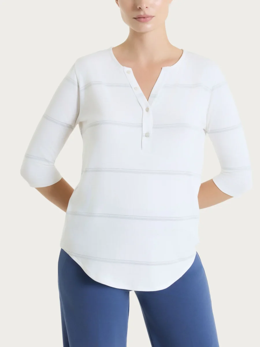 Maglietta a righe con collo a serafino in Viscosa Summer e Lurex - Fant. Bianco riga spaziata - immagine 2