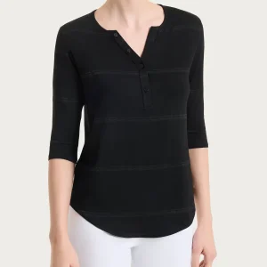 Maglietta a righe con collo a serafino in Viscosa Summer e Lurex - Fant. Nero riga spaziata