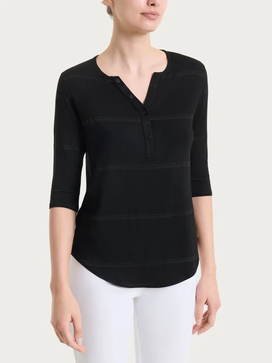 Maglietta a righe con collo a serafino in Viscosa Summer e Lurex - Fant. Nero riga spaziata - immagine 2