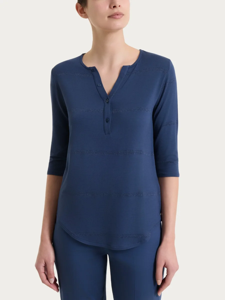 Maglietta a righe con collo a serafino in Viscosa Summer e Lurex - Fant. Oceana riga spaziata