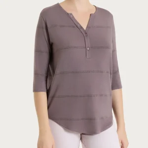Maglietta a righe con collo a serafino in Viscosa Summer e Lurex - Fant. Plum Truffle riga spaziata