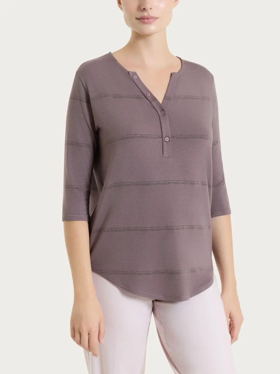 Maglietta a righe con collo a serafino in Viscosa Summer e Lurex - Fant. Plum Truffle riga spaziata - immagine 2