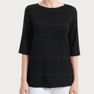 Maglietta a righe con manica 3/4 in Viscosa Summer e Lurex - Fant. Nero riga spaziata