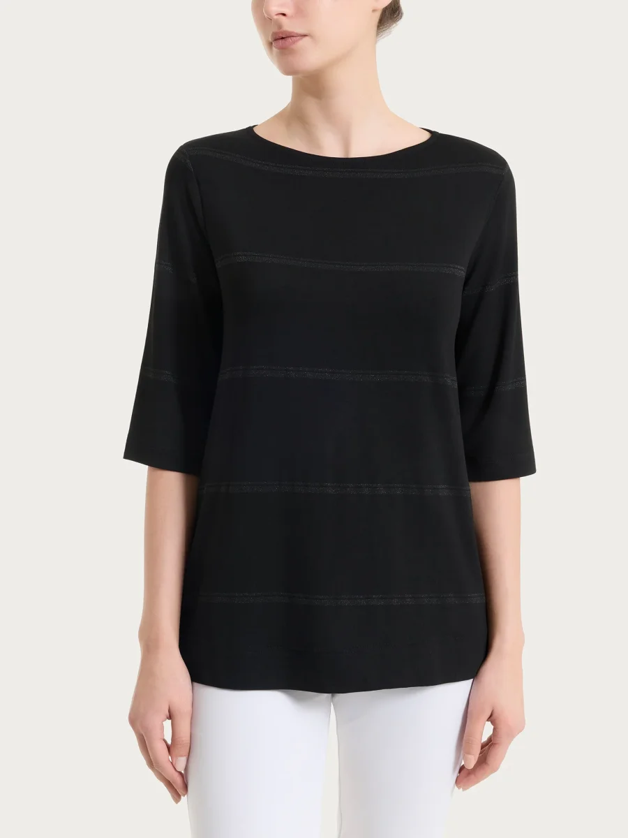 Maglietta a righe con manica 3/4 in Viscosa Summer e Lurex - Fant. Nero riga spaziata