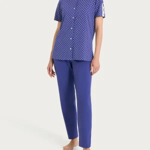 Pigiama aperto a pois in Jersey di cotone - Navy Blue Pois