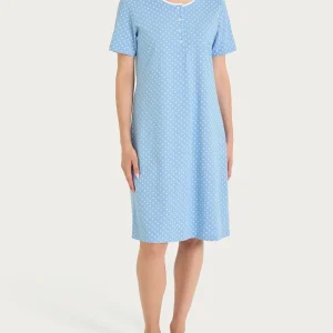 Camicia da notte a pois con collo a serafino in Jersey di cotone - Fant. Della Robbia Blue