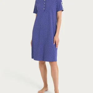 Camicia da notte a pois con collo a serafino in Jersey di cotone - Navy Blue Pois