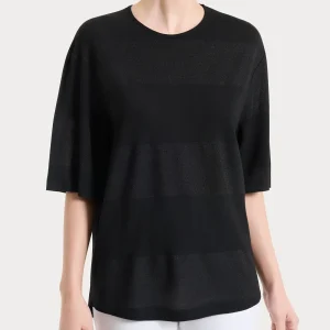 Maglietta girocollo con macro righe in Summer Light e Lurex - Fant.Nero