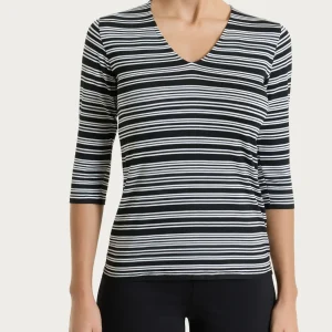 Maglietta a righe alternate con scollo a V in Viscosa Summer - Fant.Nero