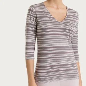 Maglietta a righe alternate con scollo a V in Viscosa Summer - Fant. Plum Truffle