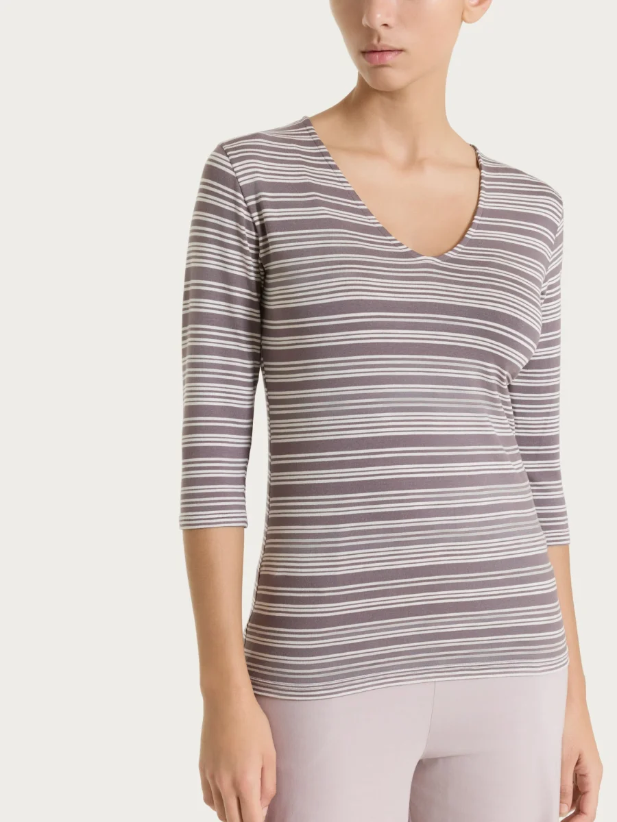 Maglietta a righe alternate con scollo a V in Viscosa Summer - Fant. Plum Truffle