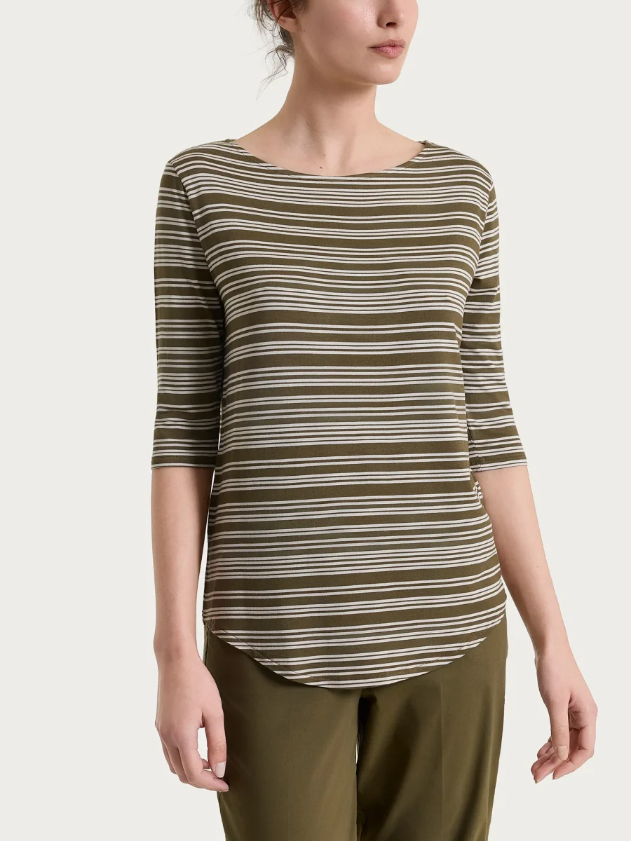 Maglietta a righe alternate con scollo a barchetta in Viscosa Summer - Fant. Dark Olive - immagine 2