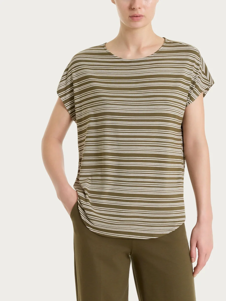 Maglietta girocollo a righe alternate in Viscosa Summer - Fant. Dark Olive