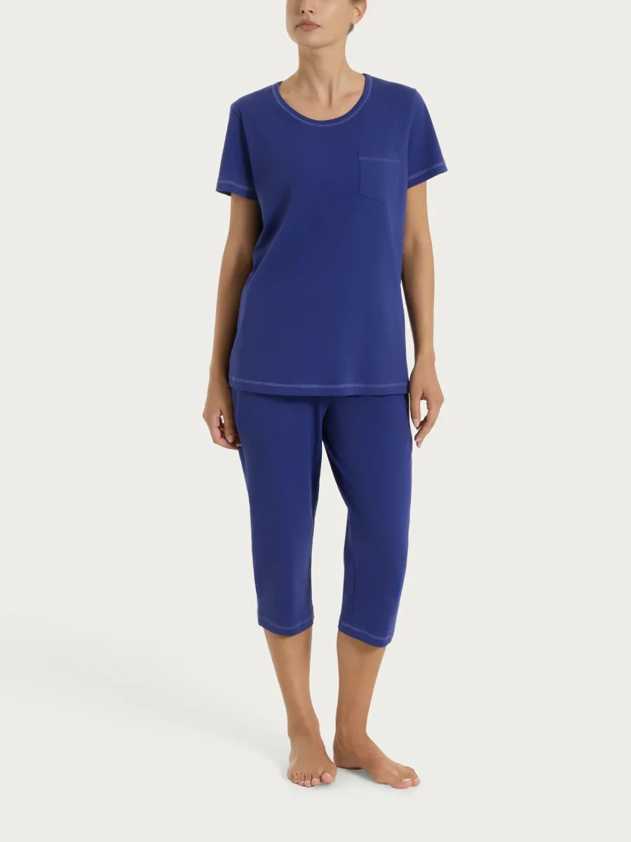 Pigiama tinta unita a pinocchietto in Jersey di Cotone - Navy Blue - immagine 2