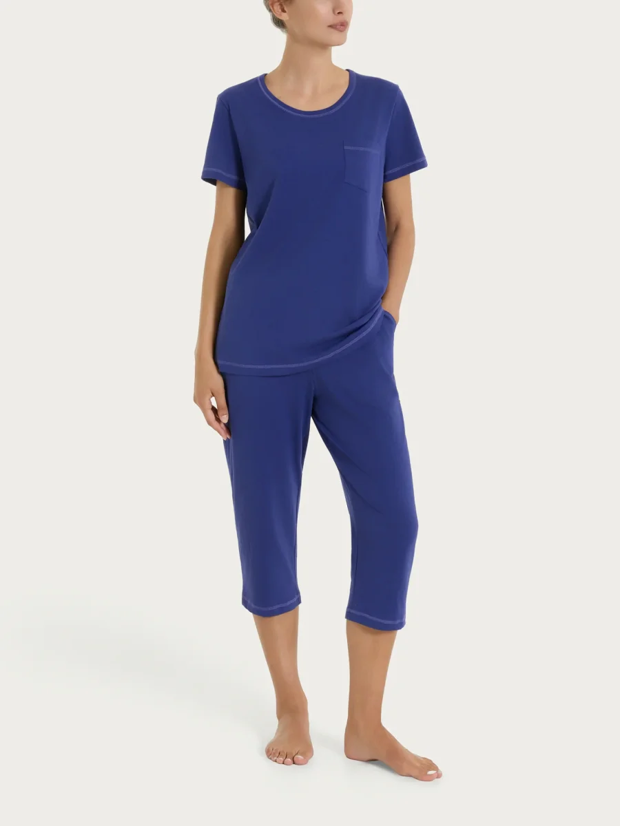 Pigiama tinta unita a pinocchietto in Jersey di Cotone - Navy Blue - immagine 3