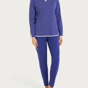 Pigiama a pois con scollo a goccia in Jersey di cotone - Navy Blue Pois