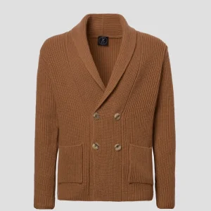 Cardigan doppiopetto in lana e cashmere a costa inglese cammello