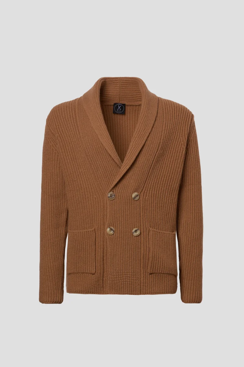 Cardigan doppiopetto in lana e cashmere a costa inglese cammello - immagine 2