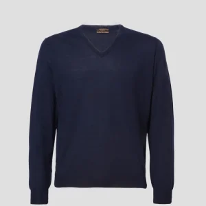 Maglia lana seta cashmere con collo a V blu
