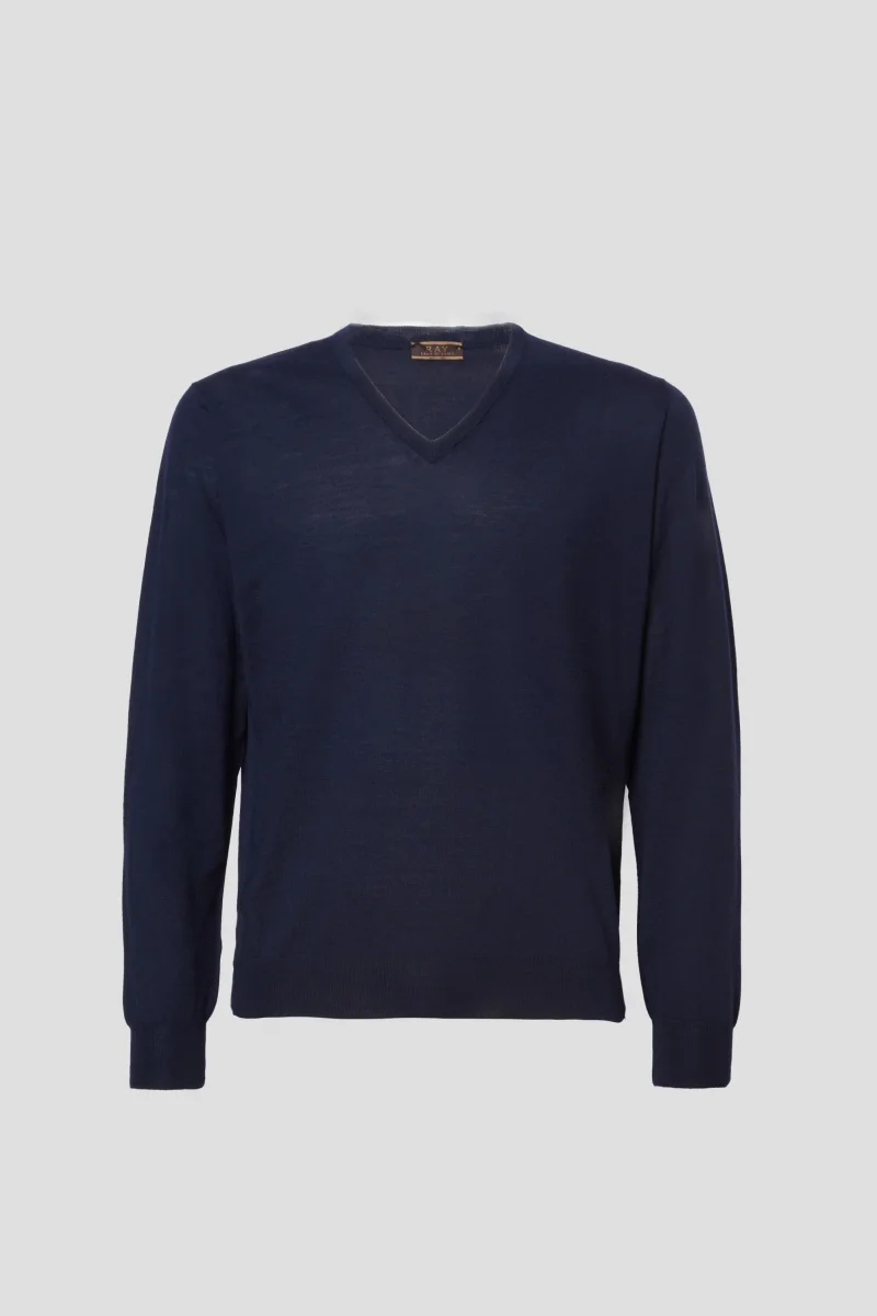 Maglia lana seta cashmere con collo a V blu