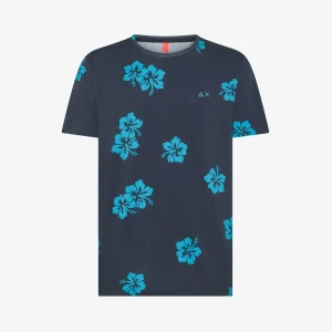 T-shirt blu con stampa fiori