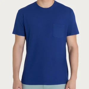 T-shirt girocollo con taschino in slub jersey di cotone - Blueberry