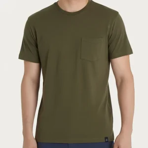 T-shirt girocollo con taschino in slub jersey di cotone - Dark Olive