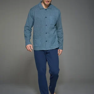 Pigiama aperto con colletto in interlock di caldo cotone - Fant. Navy Blazer