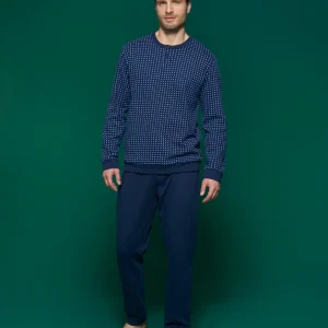 Pigiama a serafino  in interlock di caldo cotone - Fant. Navy Blazer