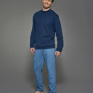 Pigiama con collo alto serafino  in interlock di caldo cotone - Fant. Navy Blazer