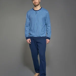 Pigiama tartan a serafino in interlock di cotone - Fant. Navy Blazer