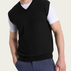 Pull smanicato con scollo a V in maglia unita in Merino Soft - Nero