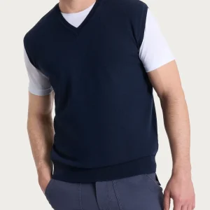 Pull smanicato con scollo a V in maglia unita in Merino Soft - Bleu