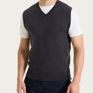 Pull smanicato con scollo a V in maglia unita in Merino Soft - Oscuro Mel.