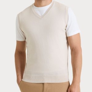 Pull smanicato con scollo a V in maglia unita in Merino Soft - Champignon