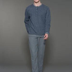 Pigiama a serafino spigato in Cotton Eco Pile - Fant. Indigo Mel.