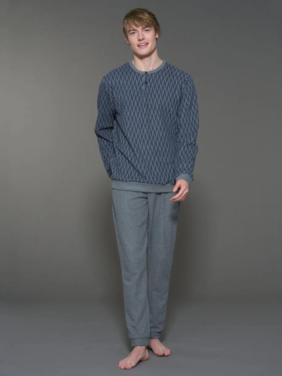 Pigiama a serafino spigato in Cotton Eco Pile - Fant. Indigo Mel. - immagine 2