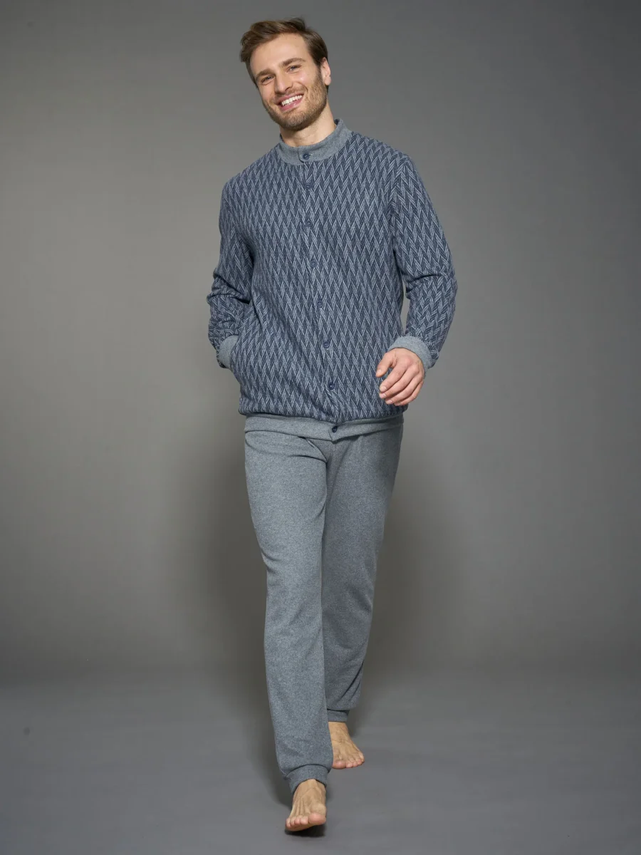 Pigiama aperto spigato in Cotton Eco Pile - Fant. Indigo Mel. - immagine 2