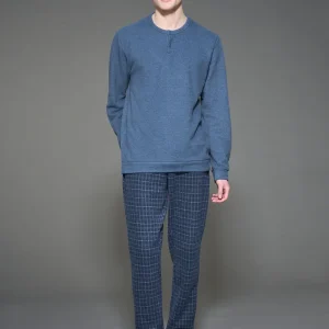 Pigiama a serafino in fantasia in Cotton Eco Pile - Fant.Indigo