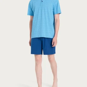 Pigiama corto a serafino con fantasia marinaresca in Jersey di Cotone - Fant. Azure Blue Ancore e Timoni