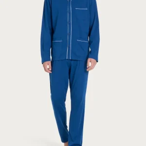 Pigiama lungo aperto in Jersey di Cotone - Navy Peony