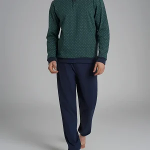 Pigiama serafino con fantasia geometrica in interlock di cotone 44-56 - Fant. Trekking Green Cravatier