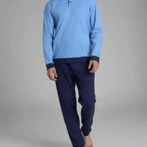 Pigiama a serafino con fantasia geometrica in interlock di cotone 58-60 - Fant. Bel Air Blue